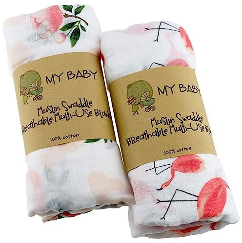 Levoberg 2 Pack Baby Pucktücher, 100 Baumwolle Musselin Decke Jungen Mädchen Mulltücher Baby, 120x120cm Baby Swaddle Reception Decke für Neugeborene, Rose/Flamingo