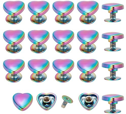 WADORN 14 Sets Herzförmige Dekorationsnieten Und Nieten, 10 mm Regenbogen-Herz-Nieten Für Lederhandwerk, DIY-Metall-Schnellniete, Schraubnieten Für Schuhe, Kleidung, Bastelzubehör