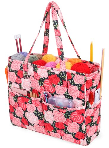 Aeelike Rosa Stricktasche Garntasche für Unterwegs 35,5 x 30 x 12,5cm, Tragbare Aufbewahrungstasche für Wolle, Häkelnadeln, Zubehör, Stricknadeln Aufbewahrung, Handarbeitstasche für Stricken, Häkeln