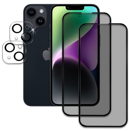 [2+2Pezzi] Pellicola Vetro Privacy Temperato per iPhone 14 + Cover Protezione Fotocamera, Durezza 9H Anti-Spia Vetro Temperato Film Protezione Schermo Anti Spy Protettivo