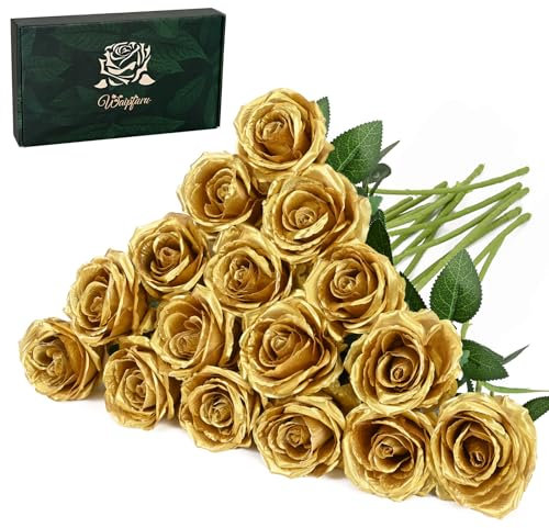 Waipfaru Künstliche Goldrosen, künstliche Blumen mit langen Stielen, Rosenstrauß, Seiden-Kunstblumen für Valentinstag, Hochzeit, Party, Vase, Tafelaufsatz, Heimdekoration (Gold)