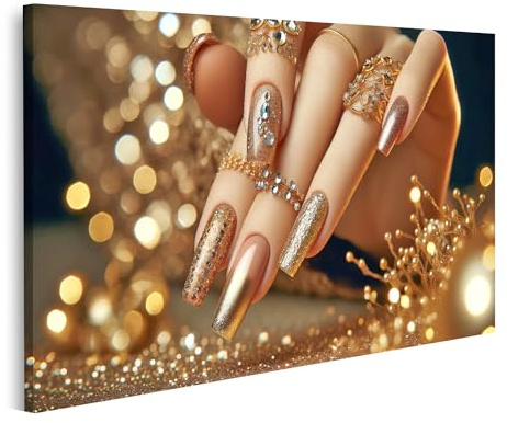 islandburner Prime Bild auf Leinwand Glitzernde Goldpracht Maniküre mit Juwelen Veredelt Nagelstudio Beauty Nail Salon Bilder Wandbilder Poster