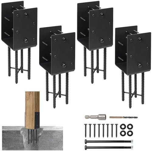 Heavy Duty U-Shape Metal Post Base Holder, 6''x6'' (Internal 5.5x5.5), Wet Concrete Foundation Post Holder for for Wood Fence, Railing, Pergola, Porch (Black - Set 4)