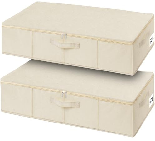 Huquter Under Bed Storage Box with Lid, 2 Pack Underbed Storage with Side & Bottom Support & 3 Handles, Large Foldable Fabric Wedding Dress Storage Box for Duvets Comforters Beddings, 76x38x17cm