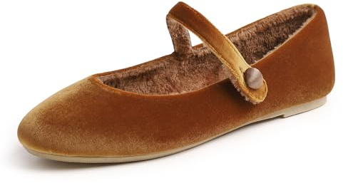 Feversole Women's Velvet Mary Jane Scarpe Basse Classiche Décolleté Eleganti Mary Jane con Fibbia Morbida Scarpe da Ballo per Balletto per Donna Velluto Cammello Foderato di Pelliccia 36