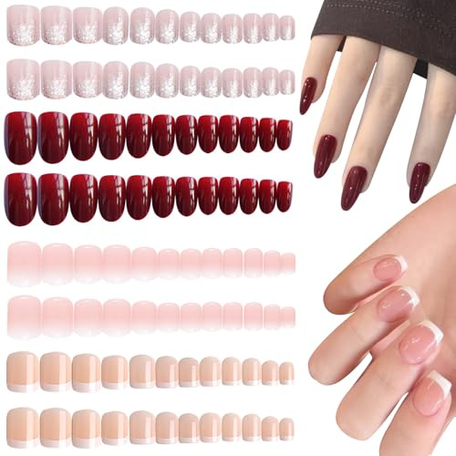 JSTHHTT 96 Stück Press on Nails, Fake Nails, Full Cover Nude Natürliche, French Tip, Natürliches & Angenehmes Tragegefüh, Square Fingernägel Fake Nails für Frauen und Mädchen
