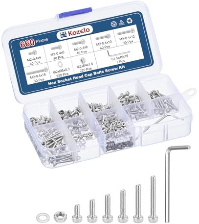 Kozelo 660 Stück M2 Zylinderschrauben mit Innensechskant Muttern Sortiment Kit - [M2x4/6/8/10/12/16mm] 304 Edelstahl Allen Socket Drive für 3D-Drucker mit Innensechskantschlüssel