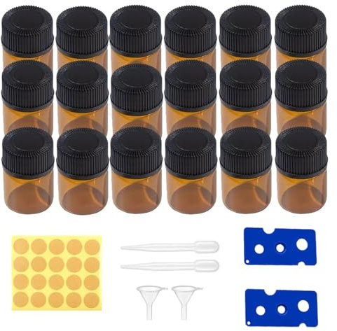 Fleymu 100 pcs 1ml Mini Botellas de Aceite Esencial Vacías de Vidrio Ámbar, Pequeños Recipientes de Aceites Esenciales, con Pipetas, Embudos, Muestra Pequeños para Aceites esenciales