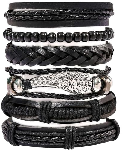YUBBYSTU 6Pcs Braided Leather Bracelets for Men Wood Beads, Adjustable Fashion Punk Braided Men and Women Rope Bracelet, Rock Party Daily Costume Jewelry Set