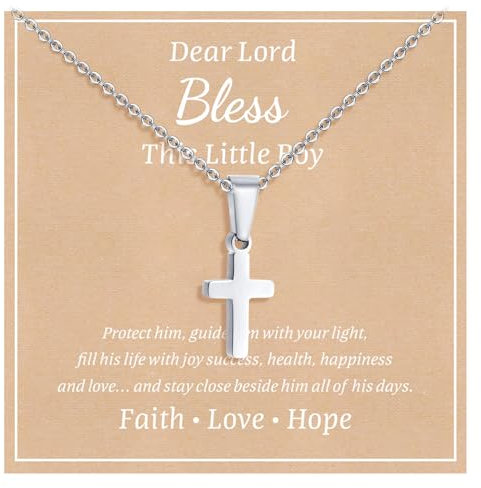Stainless Steel Cross Necklace for Boys Girls - Silver Gold Plated Cross Chain Christmas Necklace Jewelry Gift First Communion Baptism Gifts for Teenage Girls Son Nephew Toddler (Boys, Silver)