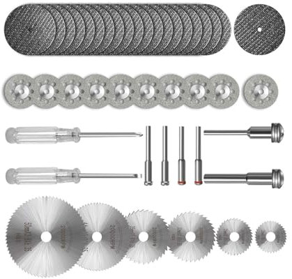 44Pcs Diamond Cutting Discs Compatible for Dremel Rotary Tool, 6Pcs HSS Circular Saw Blades, 10Pcs Diamond Cutting Wheel, 20Pcs Resin Cutting Discs and 2Pcs Screwdrivers for Wood, PVC, PCB Jade