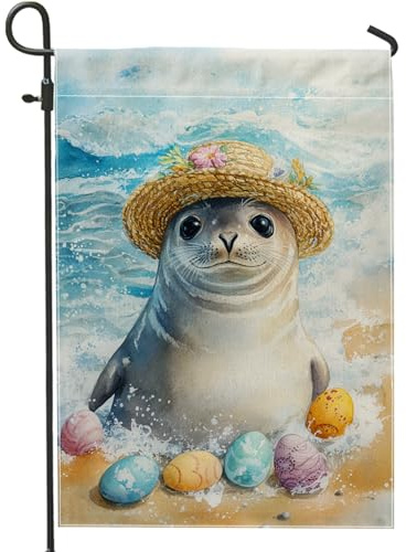 Oster-Siegel-Gartenflagge, bunte Stranddichtung mit Strohhut, Outdoor-Dekoration, Frühlingsflagge für Feiertage, doppelseitiges Kunstwerk für Rasendekoration, 30,5 x 45,7 cm