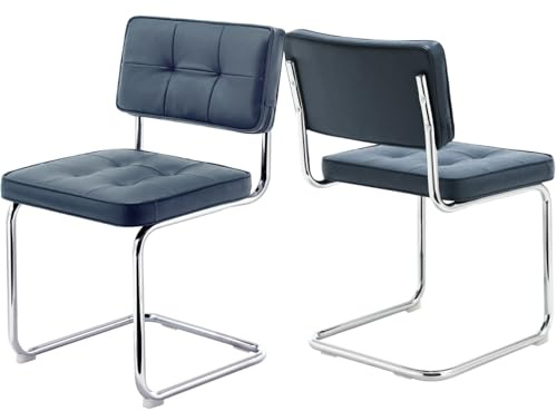 ONEVOG Retro Kitchen & Dining Chairs Set of 2, Mid Century Modern Dining Seat 19.3 with Faux Leather Cushion Back, Cantilever Chrome Metal Legs, Upholstered Armless Chair for Small Living Room, Blue
