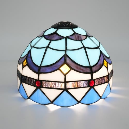 Tiffany Style Lamp Shade Replacement 8 Inch Stained Glass Ceiling Light Shade Blue Feathers Handcrafted Dome Small Lampshade for Beside Table Lamps Pendant Lights Chandeliers