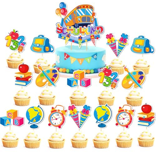 Tortendeko Einschulung Deko, 17 Stück Kuchendeko Schulanfang, Schulkind Zuckertüte Cake Topper ABC 123 Torten Cupcake Muffin Deko für 2025 Junge Mädchen Geschenk (A)