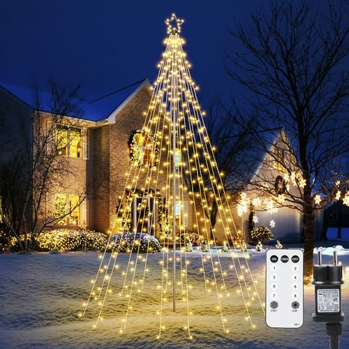 Joomer 274 LED Luci Albero di Natale con Anello e Stelle, 2.1M x 12 Luci Natale Esterno, 8 Modalità Bianco Caldo Catena Luminosa Esterno Natalizia Decorazioni Telecomando e Timer per Prato Feste