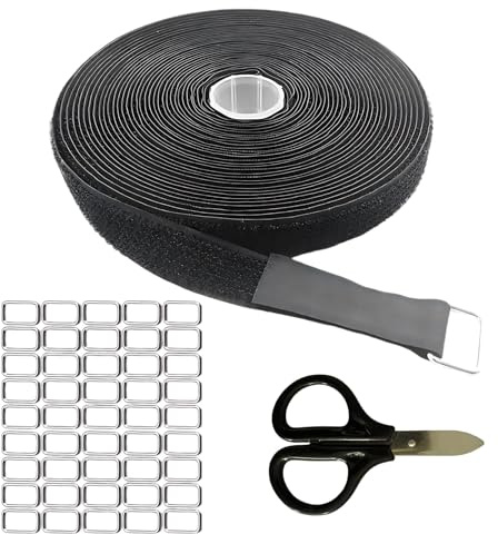 GFTCGK 10m x 2cm Klettband, Klettband Kabelbinder Mit 50-Metallschnallen und Einer Kleinen Schwarzen Schere, Frei Zuschneidbar Klett Kabelbinder, Klettband mit Schnalle für Kabel, Schläuche, Nähen