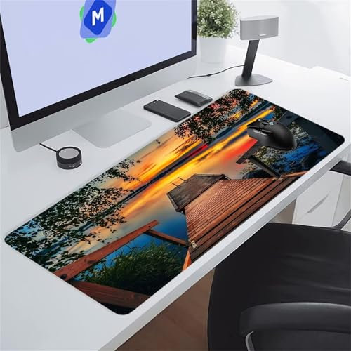 TengYuer Mouse Pad Large Gaming Mouse Mat 47.2x23.6x0.08 inch XL Extended Desk Mat Gaming Keyboard Mousepad Big Desk Pad with Non-Slip Base and Stitched Edge for Office/Gaming (Sunset Lake Bridge)