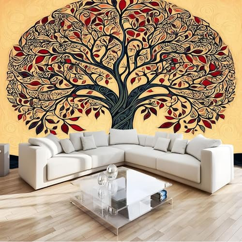 Fotomurales Papel pintado 300 x 210 cm Arte Mural de pared Patrón De Remolino De Árbol Retro, Moderna Decoración Tejido no Tejido Decoración De Pared Sala Cuarto, Amarillo Papel pintado mural