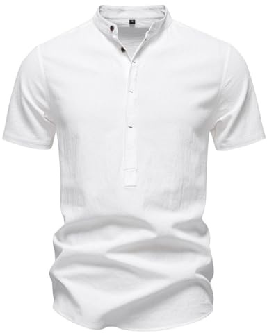 Henley, maglietta estiva da uomo, a maniche corte, casual, con bottoni, collo alto, da spiaggia, per vacanze, semplice, senza colletto, in cotone e lino, comoda maglietta, bianco, S