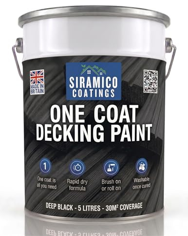 SIRAMICO COATINGS One Coat Anti-Slip Decking Paint | 5 Litres | 7 Luxury Colours I Mould & UV Resistant Formula | White - Grey - Sage Green - Black - Brick Red (BLACK)