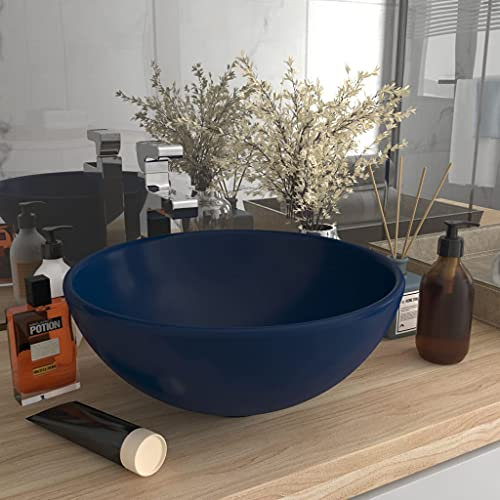 Vasque à Poser Salle de Bain Maison Lavabo rond Évier Lave-Mains de Salle d'eau Vasque a Poser en Céramique Moderne, Bleu foncé mat 32,5x14cm