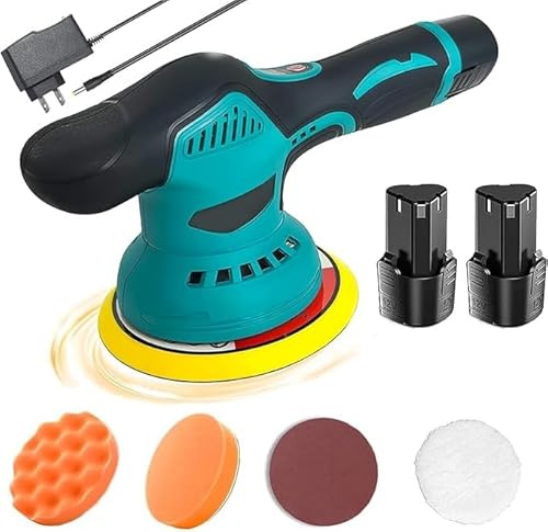 Akku Poliermaschine Auto,Exzenter Poliermaschine mit 12V Lithium Akku und Polierpad Set, 6 Variable Geschwindigkeiten,5500RPM, für Autopflege, Polieren, Wachsen, Kratzerentfernung, Möbel und Metall