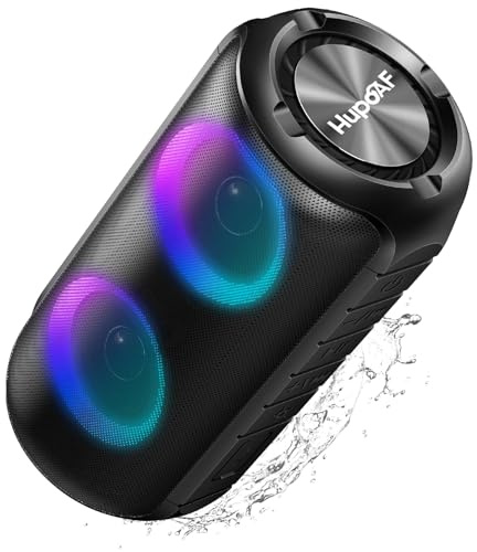 Hupoaf Bluetooth Lautsprecher mit Licht, Neues Musikbox Tragbarer Bluetooth Box mit 52mm Durchmesser Dual Lautsprecher, Tiefer Bass, IPX7 Wasserdicht Outdoor Speaker für Reisen/Party/Strand【2025】