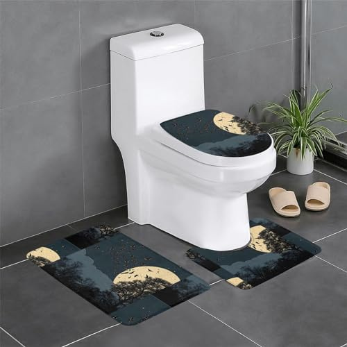 Set 3 Teilig Badvorleger Nachtvogel Druck Teppich Anti-Rutsch Weiche Badgarnitur Badematten, Für Dusche, Wc-Sitz Bezug, Badezimmer