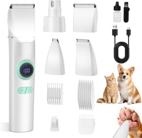 TBTeek Dog Grooming Clippers Kit Cordless Dog Trimmer for Small Dog Pet | with LED Light,10-Level Speed, 5-in-1, Low Noise, Rechargeable Dog Paw Trimmer Nail Clippers for Thick Hair Toenail