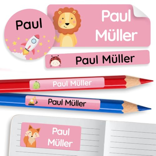 MELU Kids® Namensaufkleber Set für Kinder - Schule (255 STK, Rosa) | Personalisiert & Wasserfest, Aufkleber mit Namen für Stifte & Schulsachen in verschiedenen Größen, Namensetiketten
