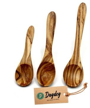 DAGDEG Set di 3 mini cucchiai in legno d'ulivo (9/12/14 cm) – Cucchiaini fatti a mano, cucchiaio da zucchero, cucchiaio per spezie, cucchiaio da colazione, cucchiaio da marmellata, sostenibile e