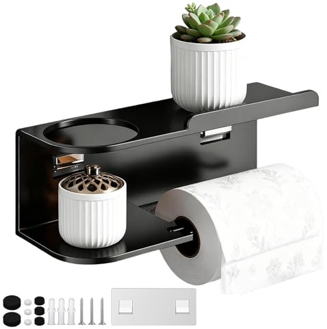 Vunanvu Porte Papier Toilette, Support Papier Toilette Mural avec Étagère sans Perçage Porte Rouleau Papiers Toilettes Auto-Adhésif en Acier Inoxydable pour Toilettes, Porte Papier Toilette sur Pied