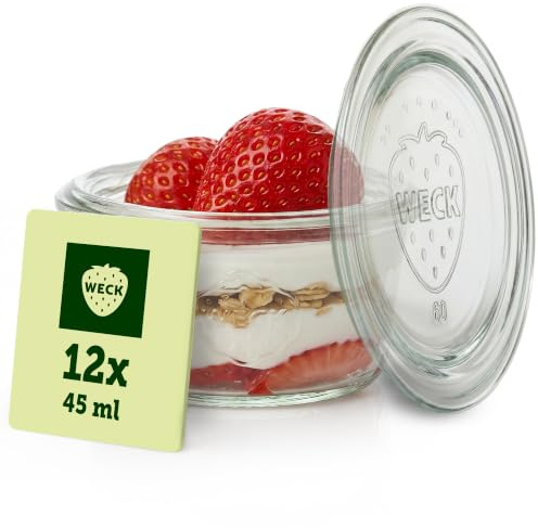 Weck Gläser 45ml – 12er Set mit Deckeln – Sturzform – robuste, stapelbare Dessertgläser, Einkoch- & Einmachgläser – klein – Weckglas ideal für Nachtisch – Made in Germany