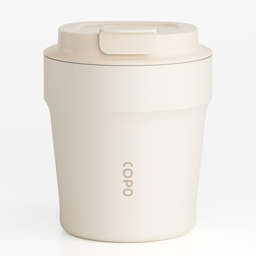 Travel Mug with Ceramic Coating, Insulated Coffee Cup for Hot Drink, Reusable Thermal Cup 240 ml/8oz, Leak Proof Coffee Flask, Stainless Steel Coffee Travel Mug with Lid for Home Office School (White)