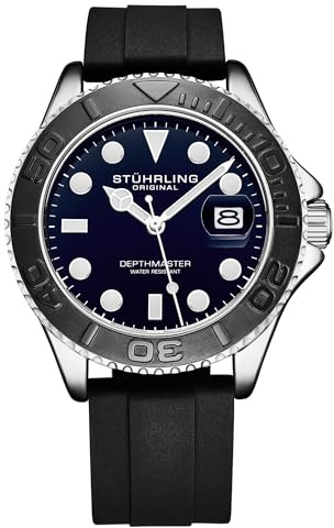 Stuhrling Original Depthmaster 4072 - Reloj deportivo de buceo para hombre, 42 mm, movimiento de cuarzo, bisel giratorio, correa de silicona, Azul, Casual