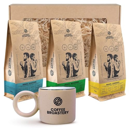 Coffee Broastery Coffret Cadeau Café en Grains du Brésil - 3 x 400g 100% Arabica (Guaxupe, Cerrado, Mogiana) + Mug en Céramique Élégant - Set Dégustation Premium pour Amateurs de Café