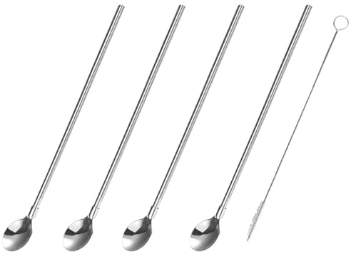 FUNOMOCYA Juego de 5 Cucharas de Paja de Acero Inoxidable de 8,2 Pulgadas, Pajitas Reutilizables Cepillo de Limpieza 6 Cm, para Café, Cócteles y Bebidas, Apto para Picnic y Oficina