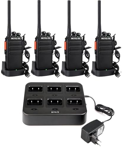 Retevis RT24 Two-Way Radio Complete Charging Kit: Includes 4 License-Free PMR446 Radios with Earpieces and a 6-Unit Multi-Charger Base for Efficient Power Management