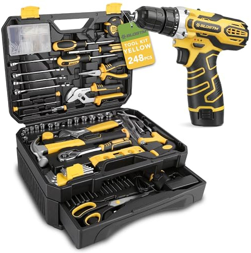 BLOSTM 248 Piece Tool Kit with Drill (Yellow) | 12V Cordless Drill & Hand Tools for DIY, Repairs, Mechanic Tool Set, Portable Large Toolbox with Storage Drawer, Screwdrivers
