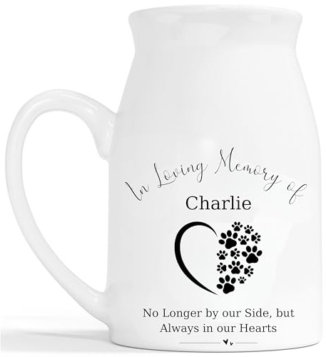 Pet Memorial Flower Vase - Personalised Pet Loss Gift Ceramic Customised Milk Jug - No Longer by our Side Dog Rememberance Cat Bereavement Keepsake - White 450ml