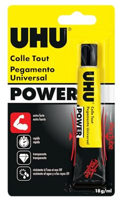 UHU Colle Tout Power Flex + Clean - Colle Liquide Extra Forte Et Rapide, Universelle, Transparente, Tube, 18 G
