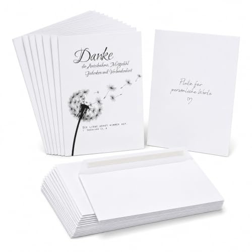 Trauer Danksagungskarten mit Umschlag | Pusteblume, 10 Karten | Dankeskarten Din A6 Set | Trauerkarten Danksagung Danke sagen