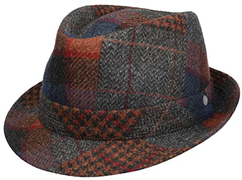 LIERYS Merino Patchwork Trilby Fedora Stil Temperaturregulierend UV Schutz Made in Italy Unisex Herbst Winter grau XL (60-61 cm)