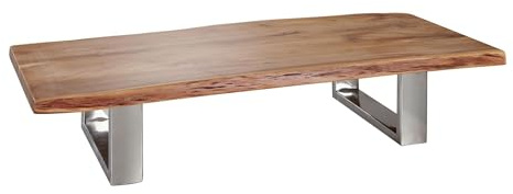 FineBuy Couchtisch 115x58x25 cm Akazie Massivholz Baumkante, Flach | Wohnzimmertisch mit Kufengestell im Landhausstil, niedriger Sofatisch aus Echtholz, handgefertigtes Unikat
