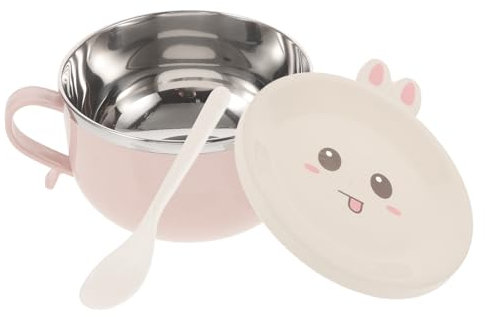 BESTonZON Edelstahl Doppelschicht Instant Nudeln Schüssel mit Deckel und Löffel Cartoon Lunchbox Lebensmittel Isolierbehälter (Pink)
