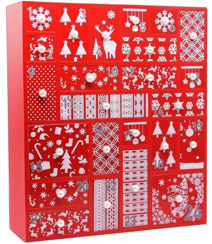 Juegoal Red Advent Calendar with 24 Drawers Countdown to Christmas, Refillable Wooden Advent, 15 Inches Tall