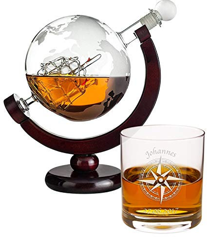 Whisky Karaffe Set | Whisky Geschenkset | Whiskey Geschenke für Männer | Weihnachtsgeschenke für Männer | Männergeschenke Opa Onkel | Globus Dekanter (Whiskyglas mit Personalisierung)
