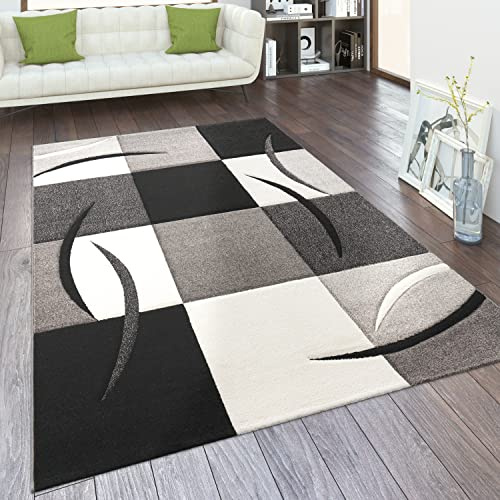 Paco Home Teppich Wohnzimmer Kurzflor Schlafzimmer Modern Geometrisches Muster Kariert Meliert, Grösse:200x290 cm, Farbe:Schwarz Weiß