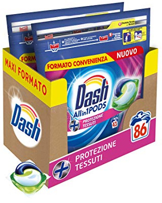 Dash Pods All in 1 - Detergente para lavadora en cápsulas (86 lavados) (2 x 43), protección de telas, tamaño Maxi ayuda a proteger las fibras de la ropa, eficaz incluso a baja temperatura
